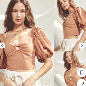 Abercrombie & Fitch Puff Sleeve Poplin O Ring Crop Top Size M NWOT Terracotta